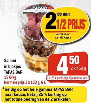 Promoties Salami in blokjes tapas bar - Tapas Bar - Geldig van 26/05/2021 tot 01/06/2021 bij Smatch