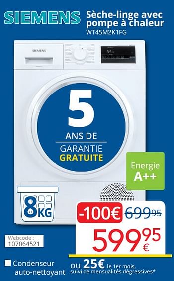 Promoties Siemens sèche-linge avec pompe à chaleur wt45m2k1fg - Siemens - Geldig van 01/06/2021 tot 30/06/2021 bij Eldi