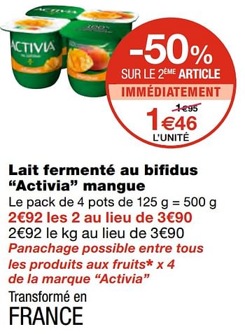 Promoties Lait fermenté au bifidus activia mangue - Danone - Geldig van 09/06/2021 tot 20/06/2021 bij MonoPrix