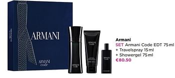 Promoties Armani set armani code edt + travelspray + showergel - Armani - Geldig van 31/05/2021 tot 13/06/2021 bij ICI PARIS XL