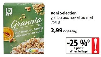 Promotions Boni selection granola aux noix et au miel - Boni - Valide de 02/06/2021 à 15/06/2021 chez Colruyt