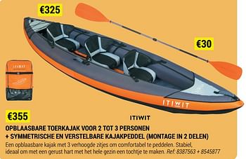 Promoties Opblaasbare toerkajak voor 2 tot 3 personen + symmetrische en verstelbare kajakpeddel - ITIWIT - Geldig van 09/06/2021 tot 30/06/2021 bij Decathlon