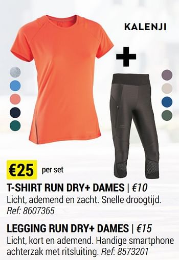 Promoties T-shirt run dry+ dames + legging run dry+ dames - Kalenji - Geldig van 09/06/2021 tot 30/06/2021 bij Decathlon