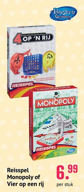 Promoties Reisspel monopoly of vier op een rij - Hasbro - Geldig van 10/06/2021 tot 31/07/2021 bij Unikamp