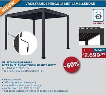 Promoties Vrijstaande pergola met lamellendak solimar antraciet - Huismerk - Zelfbouwmarkt - Geldig van 22/06/2021 tot 19/07/2021 bij Zelfbouwmarkt