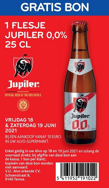 Promoties Gratis bon 1 flesje jupiler 0,0% - Jupiler - Geldig van 16/06/2021 tot 29/06/2021 bij Alvo