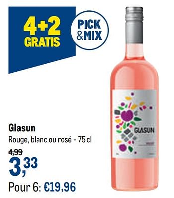Promotions Glasun rouge, blanc ou rosé - Vins rosé - Valide de 16/06/2021 à 29/06/2021 chez Makro