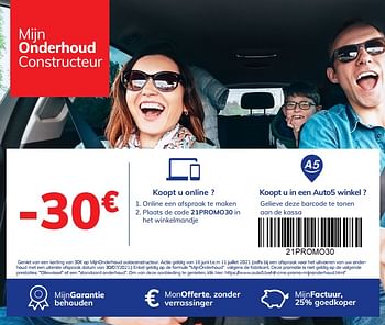 Promoties Mijn onderhoud constructeur -30€ - Huismerk - Auto 5  - Geldig van 16/06/2021 tot 17/07/2021 bij Auto 5