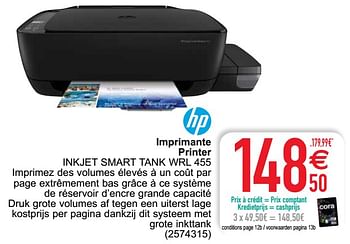 Promoties Hp imprimante printer inkjet smart tank wrl 455 - HP - Geldig van 15/06/2021 tot 28/06/2021 bij Cora