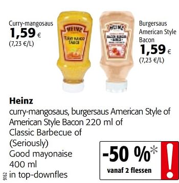 Promotions Heinz curry-mangosaus, burgersaus american style of american style bacon of classic barbecue of good mayonaise - Heinz - Valide de 16/06/2021 à 29/06/2021 chez Colruyt