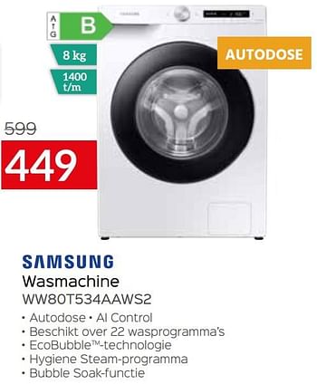 Promoties Samsung wasmachine ww80t534aaws2 - Samsung - Geldig van 01/07/2021 tot 31/07/2021 bij Selexion