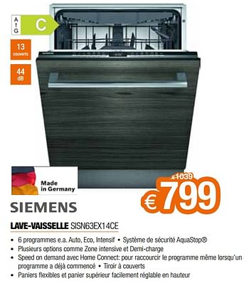 Promotions Siemens lave-vaisselle sisn63ex14ce - Siemens - Valide de 01/07/2021 à 31/07/2021 chez Expert