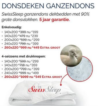 Promoties Donsdeken ganzendons - Swiss Sleep - Geldig van 01/07/2021 tot 30/07/2021 bij Sleepworld