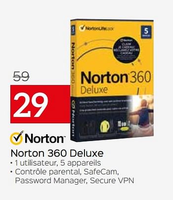 Promotions Norton 360 deluxe - Norton - Valide de 01/07/2021 à 31/07/2021 chez Selexion