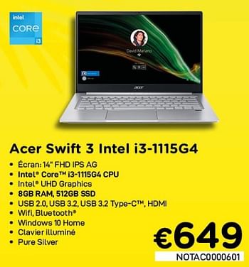 Promoties Acer swift 3 intel i3-1115g4 - Acer - Geldig van 01/07/2021 tot 31/07/2021 bij Compudeals