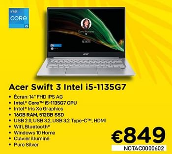 Promotions Acer swift 3 intel i5-1135g7 - Acer - Valide de 01/07/2021 à 31/07/2021 chez Compudeals