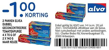 Promoties -1. 00 KORTING 2 pakken elvea dubbel geconcentreerde tomatenpuree - Elvea - Geldig van 14/07/2021 tot 20/07/2021 bij Alvo