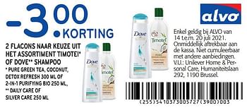 Promoties -3. 00 KORTING 2 flacons naar keuze uit het assortiment timotei of dove shampoo - Dove - Geldig van 14/07/2021 tot 20/07/2021 bij Alvo