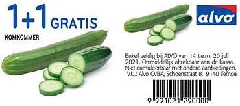 Promoties 1+1gratis komkommer - Huismerk - Alvo - Geldig van 14/07/2021 tot 20/07/2021 bij Alvo