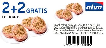 Promoties 2+2gratis grillburgers - Huismerk - Alvo - Geldig van 14/07/2021 tot 20/07/2021 bij Alvo