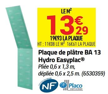 Promotions Plaque de plâtre ba 13 hydro easyplac - Placo - Valide de 02/06/2021 à 15/08/2021 chez Bricorama
