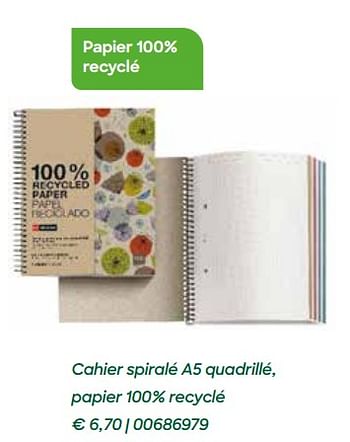 Promotions Cahier spiralé a5 quadrillé, papier 100% recyclé - Produit Maison - Ava - Valide de 20/07/2021 à 17/10/2021 chez Ava