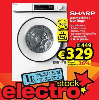 Promoties Sharp wasmachine - lave-linge esnb814wbe - Sharp - Geldig van 14/07/2021 tot 21/07/2021 bij ElectroStock