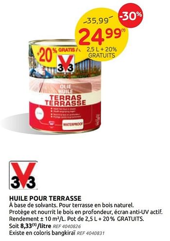 Promotions Huile pour terrasse - V33 - Valide de 28/07/2021 à 09/08/2021 chez Brico