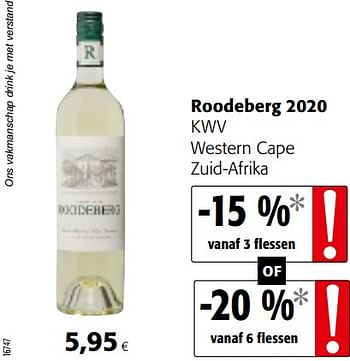 Promotions Roodeberg 2020 kwv western cape zuid-afrika - Vins blancs - Valide de 14/07/2021 à 27/07/2021 chez Colruyt