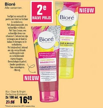 Promoties Bioré clear + bright perfecting exfoliator - Bioré  - Geldig van 14/07/2021 tot 31/07/2021 bij De Online Drogist