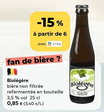 Promotions Biolégère bière non filtrée refermentée en bouteille - Biolégère - Valide de 14/07/2021 à 10/08/2021 chez Bioplanet