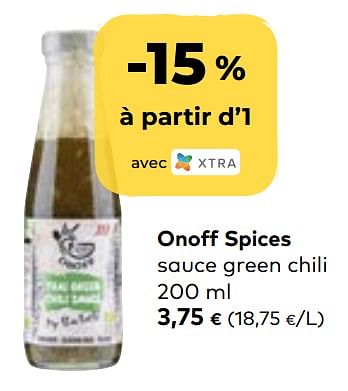 Promotions Onoff spices sauce green chili - Onoff Spices! - Valide de 14/07/2021 à 10/08/2021 chez Bioplanet