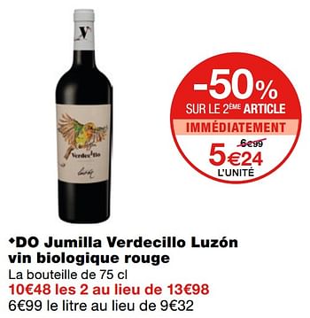 Promotions Do jumilla verdecillo luzón vin biologique rouge - Vins rouges - Valide de 21/07/2021 à 08/08/2021 chez MonoPrix