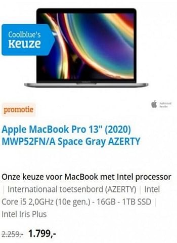 Promoties Apple macbook pro 13`` 2020 mwp52fn-a space gray azerty - Apple - Geldig van 21/07/2021 tot 03/08/2021 bij Coolblue