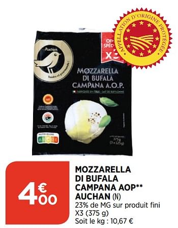 Promotions Mozzarella di bufala campana aop auchan - Auchan - Valide de 28/07/2021 à 02/08/2021 chez Bi1