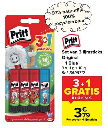 Promoties Set van 3 lijmsticks original + 1 blue - Pritt - Geldig van 28/07/2021 tot 06/09/2021 bij Carrefour