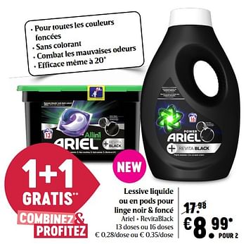 Promotions Lessive liquide ou en pods pour linge noir + foncé ariel + revitablack - Ariel - Valide de 29/07/2021 à 04/08/2021 chez Delhaize