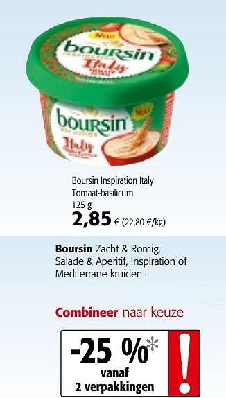 Promotions Boursin inspiration italy tomaat-basilicum - Boursin - Valide de 28/07/2021 à 10/08/2021 chez Colruyt
