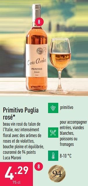 Promotions Primitivo puglia rosé - Vins rosé - Valide de 02/08/2021 à 13/08/2021 chez Aldi