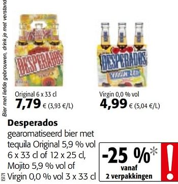 Promotions Desperados gearomatiseerd bier met tequila original of mojito of virgin - Desperados - Valide de 28/07/2021 à 10/08/2021 chez Colruyt
