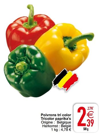 Promoties Poivrons tri color tricolor paprika’s - Huismerk - Cora - Geldig van 03/08/2021 tot 09/08/2021 bij Cora