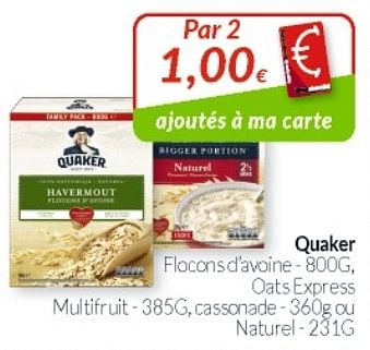 Promotions Quaker flocons d`avoine, oats express multifruit, cassonade ou naturel - Quaker - Valide de 01/08/2021 à 31/08/2021 chez Intermarche