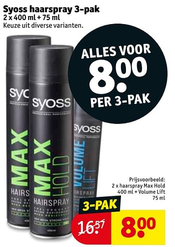 Promoties Haarspray max hold 400 ml + volume lift - Syoss - Geldig van 03/08/2021 tot 08/08/2021 bij Kruidvat