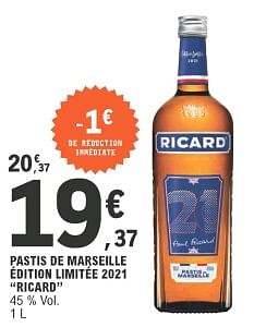 Promo Pastis de Marseille 45%vol Ricard 1L chez Spar