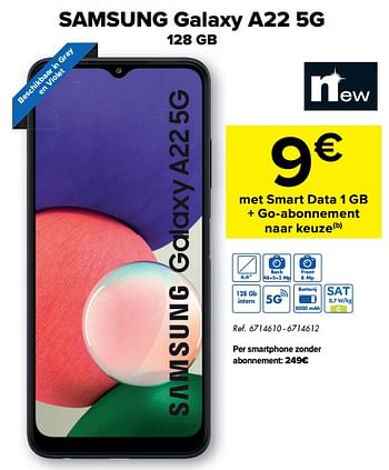Promoties Samsung galaxy a22 5g 128 gb - Samsung - Geldig van 04/08/2021 tot 16/08/2021 bij Carrefour