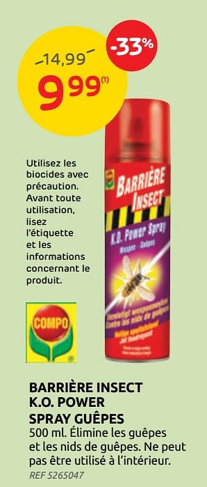 Promotions Barrière insect k.o. power spray guêpes - Compo - Valide de 11/08/2021 à 23/08/2021 chez Brico