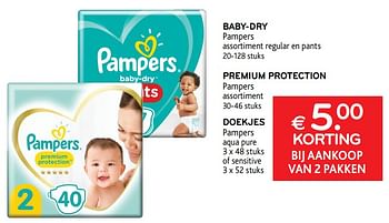 Onderzoek lood Malen Pampers Baby-dry pampers + premium protection pampers + doekjes pampers  €5.00 korting bij aankoop van 2 pakken - Promotie bij Alvo