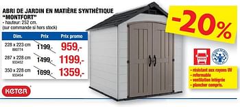 Promotions Abri de jardin en matière synthétique “montfort” - Keter - Valide de 11/08/2021 à 22/08/2021 chez Hubo