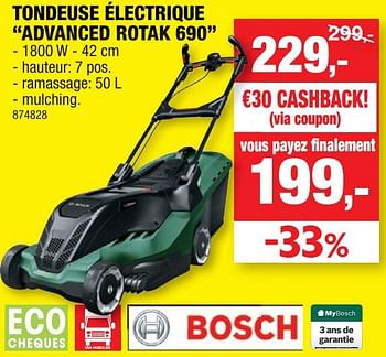 Promotions Bosch tondeuse électrique “advanced rotak 690” - Bosch - Valide de 11/08/2021 à 22/08/2021 chez Hubo