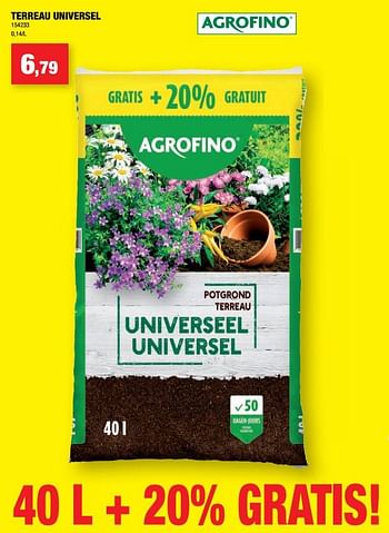 Promotions Terreau universel - Agrofino - Valide de 18/08/2021 à 22/08/2021 chez Hubo